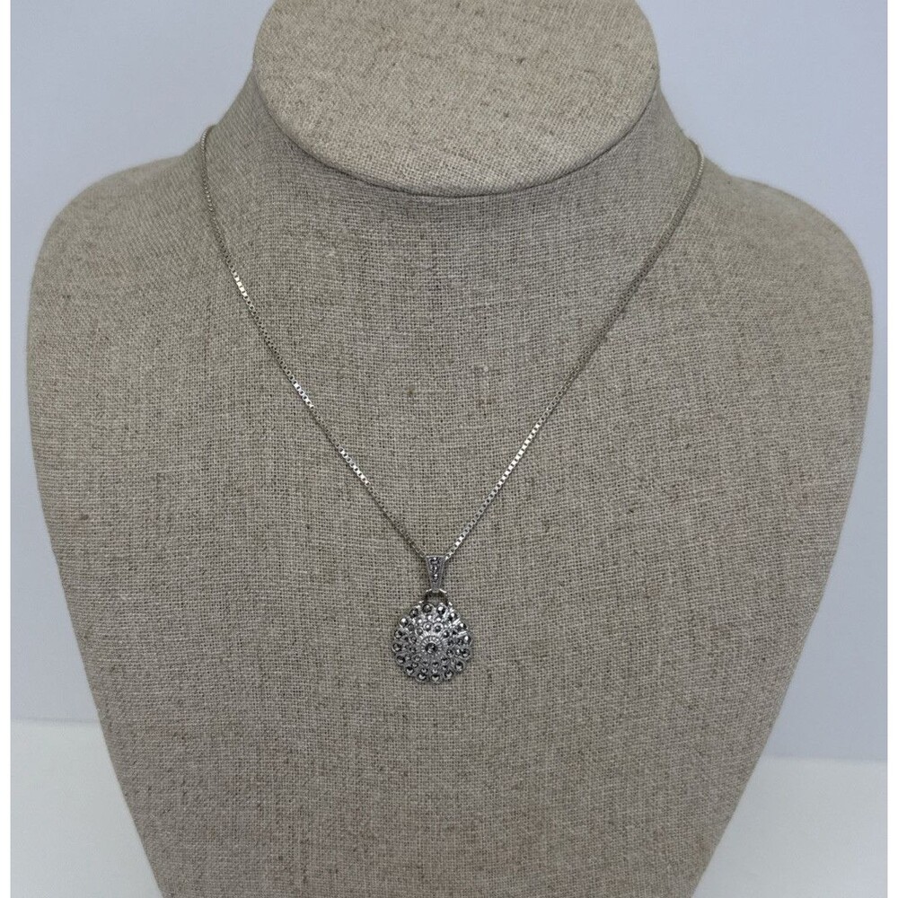 Sterling Silver Circle Marcasite Flower Pendant Necklace 925 Vintage 20"